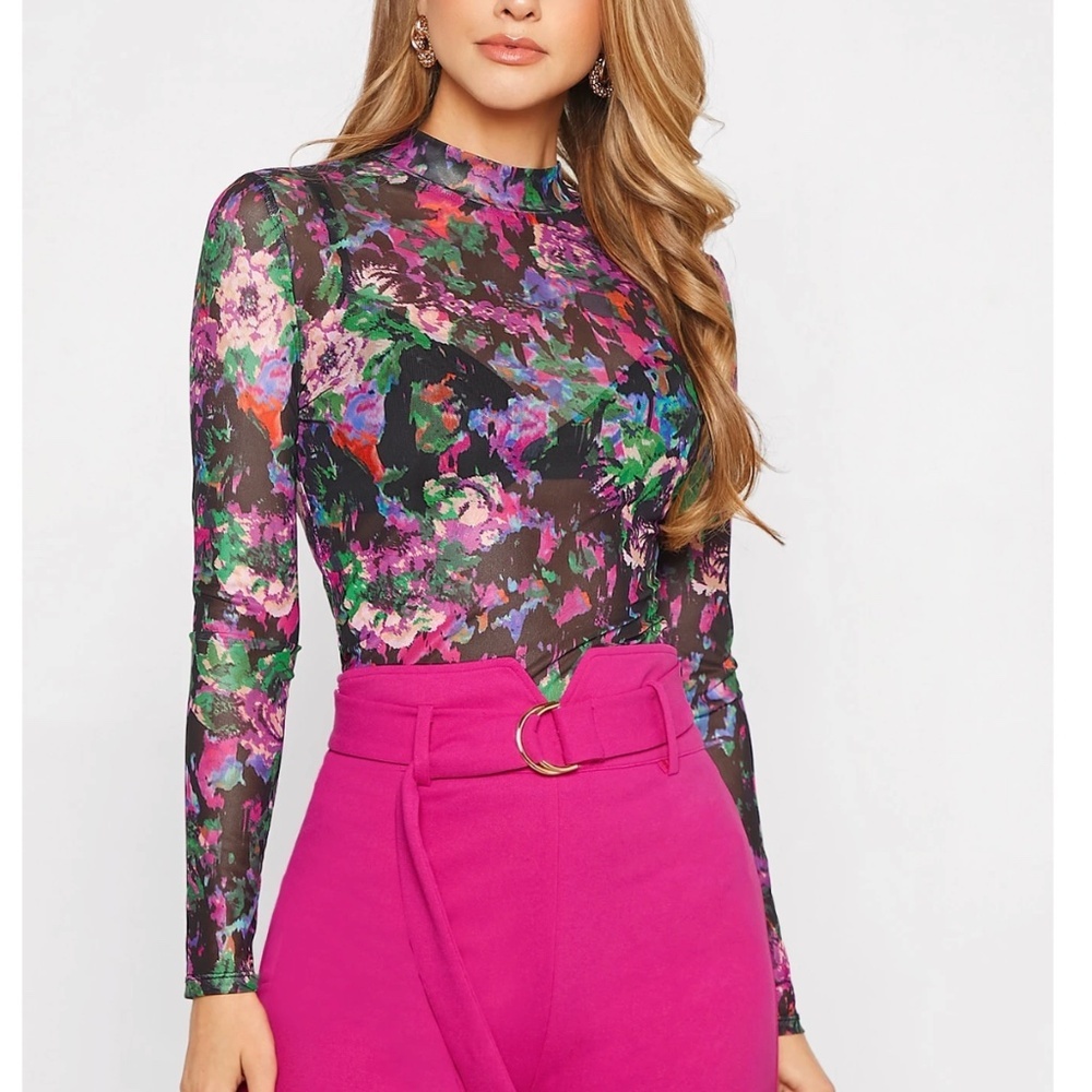 Mesh Multicolor Abstract Floral Sheer Long Sleeve Shirt